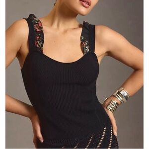 Anthropologie Black Tank Top with Floral Straps